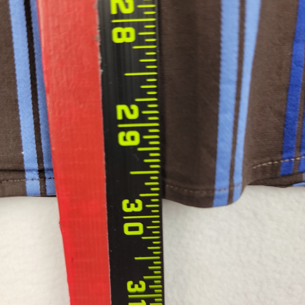 Express 1MX Fitted Shirt Mens Medium Brown Blue Vertical Stripe Stretch Cotton - Picture 6 of 7